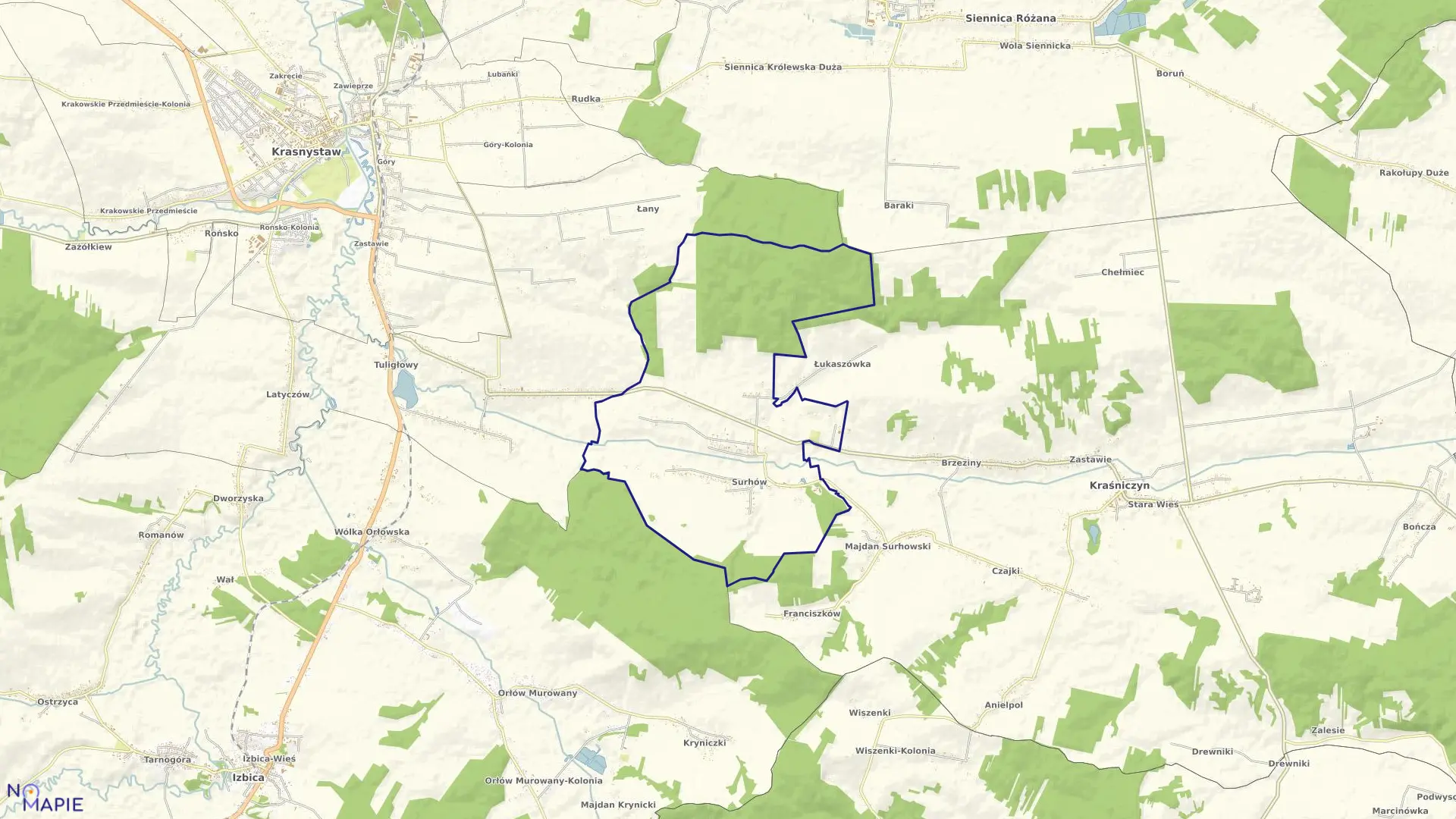 Mapa obrębu Surhów w gminie Kraśniczyn