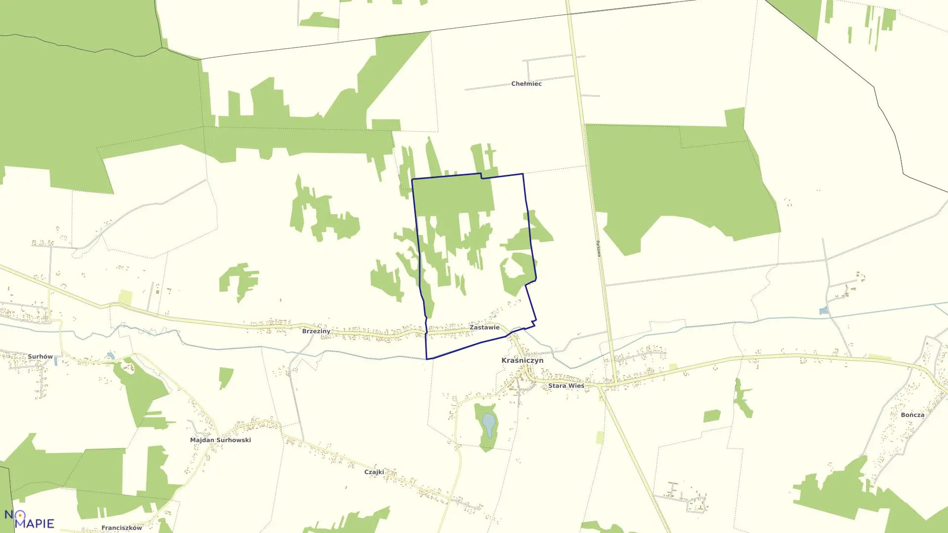 Mapa obrębu Zastawie w gminie Kraśniczyn